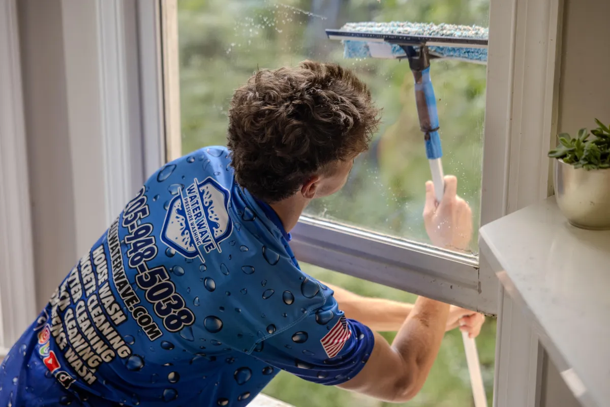Technician squeegee cleaning a window